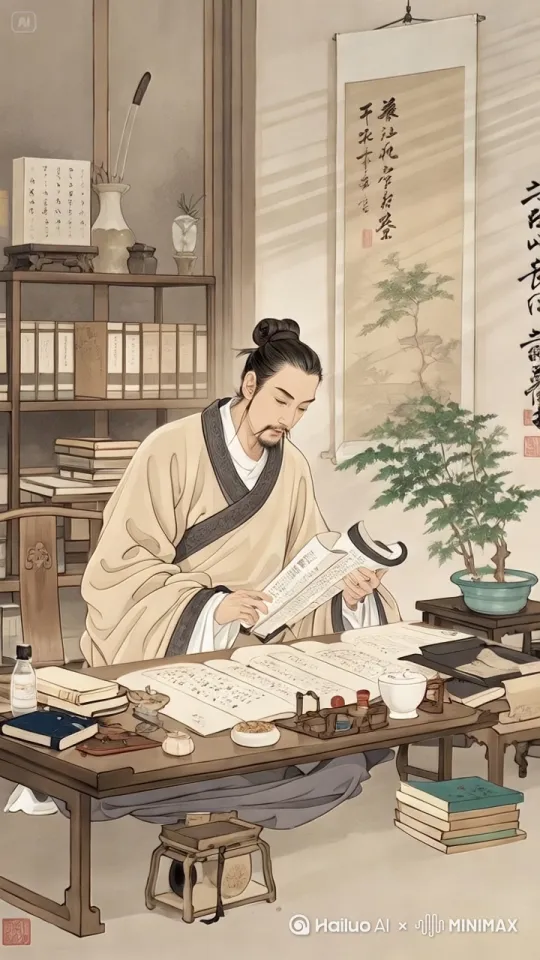 主体：医家微微低头看书卷，头部轻微动作；背景：书房，保持静止。 by Hailuo AI Video Generator