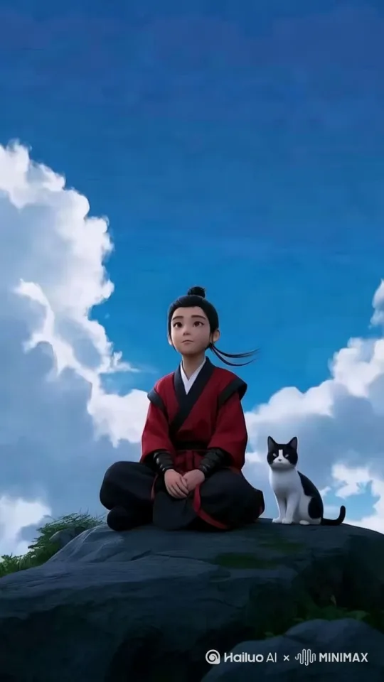红色发带随风轻摆。小男孩正抬头凝望天空，眼神中透着一丝孤寂与专注。天空湛蓝如宝石，一朵形态轻盈、天边白云在缓缓飘动，逐渐远离视野。一旁的黑白小猫咪也顺着小男孩的目光好奇地望向天空，歪着脑袋，模样十分可爱。 by Hailuo AI Video Generator