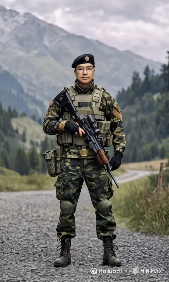 [左移,推进,右摇]举枪瞄准，准备射击！帽子用红色五角星帽徽，军服臂章去掉！ by Hailuo AI Video Generator