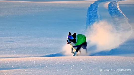 一只穿着羽绒服、戴着护目镜的边境牧羊犬，在雪地里奔跑，令人兴奋，充满冬季运动的场景。 by Hailuo AI Video Generator