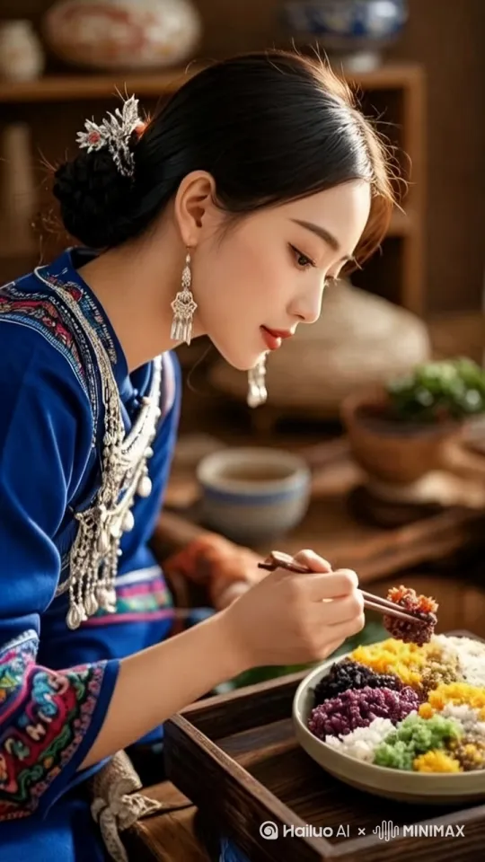 [右移,拉远]女士夹起着糯米饭，用鼻子闻一下，表情柔和，动作自然，光影晃动，，清风吹动脸上发丝。 by Hailuo AI Video Generator