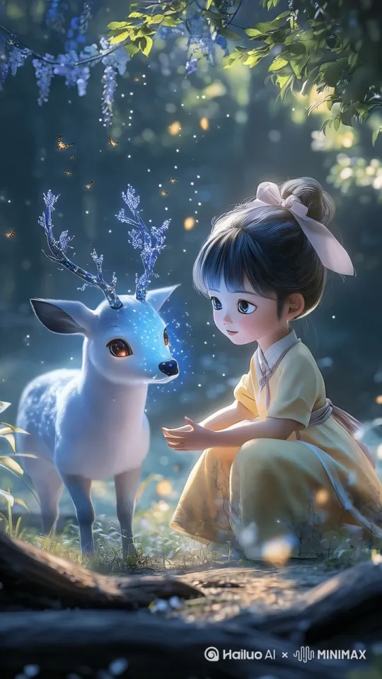 [变焦推进,跟随]梅花鹿低头，小女孩抚摸站起身来，抚摸着梅花鹿 by Hailuo AI Video Generator