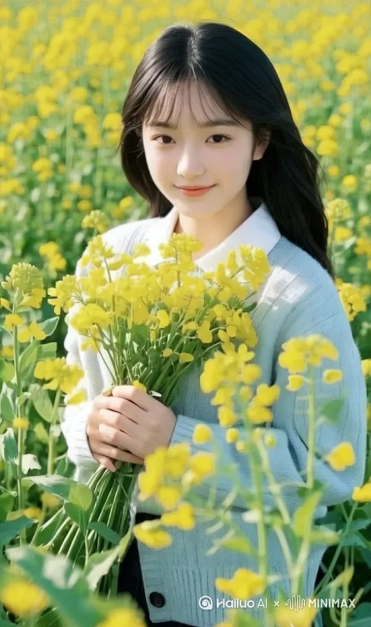 一个 20 岁左右年轻貌美的中国女孩，手里拿着油菜花，站在油菜花园里，翩翩起舞 by Hailuo AI Video Generator