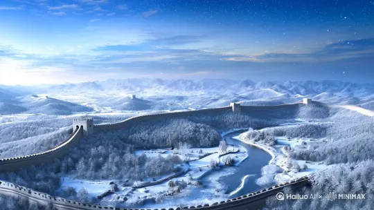 灵感源自《沁园春·雪》,画面展现广阔北国风光,万里雪飘,长城内外银装素裹,大河上下顿失滔滔。镜头从高空俯瞰,缓缓推进至群山峻岭,松柏挺立,白雪覆盖。远景展现气势磅礴的山川河流,近景聚焦于枝头鸟雀,它们轻轻跳跃,似乎在欣赏这雪中美景。视频采用传统水墨画风,色彩淡雅,线条流畅,营造出宁静而壮丽的氛围。全篇以缓慢的镜头运动,配以悠扬古筝音乐,引领观众领略诗中意境。 by Hailuo AI Video Generator