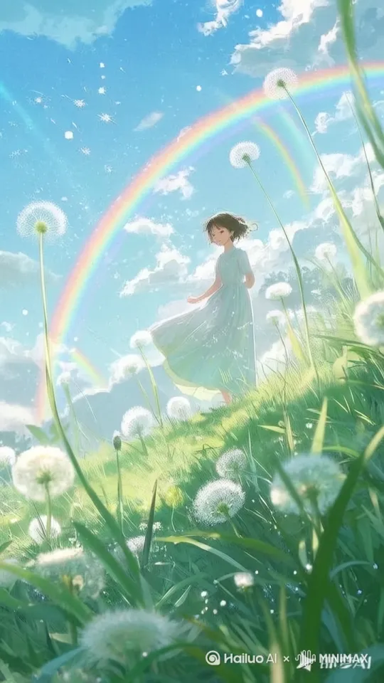 女孩拥抱的动作 蒲公英 云彩 飘动起来 by Hailuo AI Video Generator