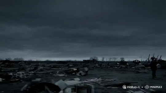灰暗的天空，周围是战争后的一片废墟，[右移,左摇,跟随]一个孩子站着仰头看向天空，空中隐约漂浮着一个巨大的不明飞行物，飞行物遮住了大半个天空，给人造成极其压抑的氛围感[推进,上升] by Hailuo AI Video Generator