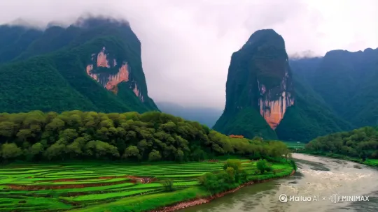 “北纬25°，苍山以西的褶皱里，藏着茶马古道的记忆琥珀——漾濞。当澜沧江支流切开云雾，石门关双崖对峙如天地门扉，千年核桃林的年轮中，彝族山歌与马帮铜铃正等待被唤醒。”[推出,上升,下摇] by Hailuo AI Video Generator
