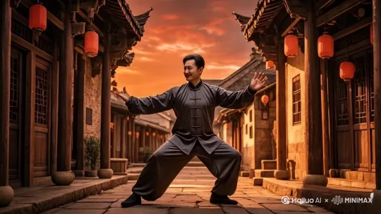 太极拳大师，旋转360度，跳二郎腿，稳稳落地白鹤亮翅 by Hailuo AI Video Generator