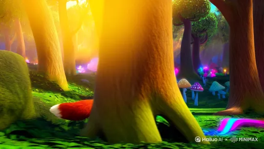 【场景1：晨光森林】
🦊火红狐狸踩着滑板穿梭树洞
🍄荧光蘑菇随节奏绽放
🎤耳机线在身后划出彩虹轨迹
📱爪机弹出"新订单：帮松鼠奶奶送松果 by Hailuo AI Video Generator