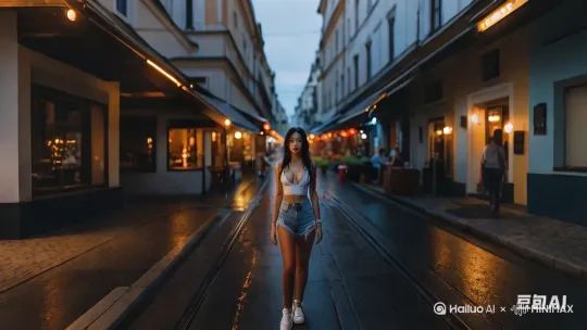 雨夜中，女子向前行走，镜头拉开 by Hailuo AI Video Generator