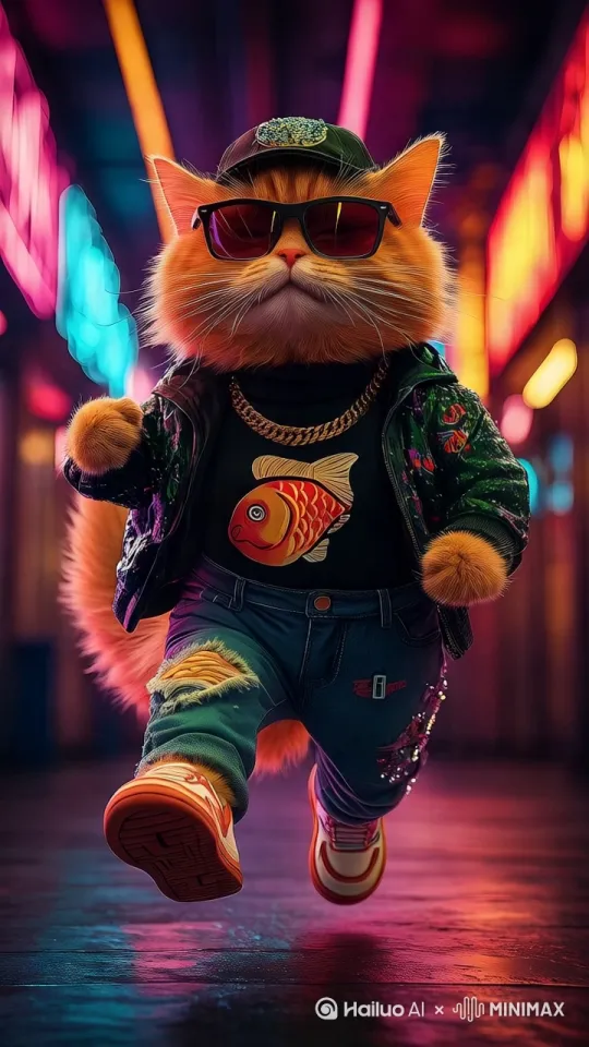 橘猫开开心心地模仿人类跨大步向前走着，时不时的看着镜头做搞笑的表情，整个过程自然流畅，符合动力学、流动学物理常识，运镜：缓慢右旋 by Hailuo AI Video Generator