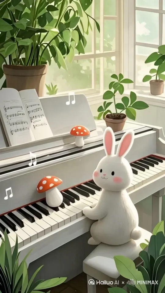 兔子在弹奏贝多芬的狂想曲，蘑菇跟随节奏在跳动，植物在微风中抖动，音符上升，60FPS，[拉远]，8K，RAW，高质量拍摄 by Hailuo AI Video Generator