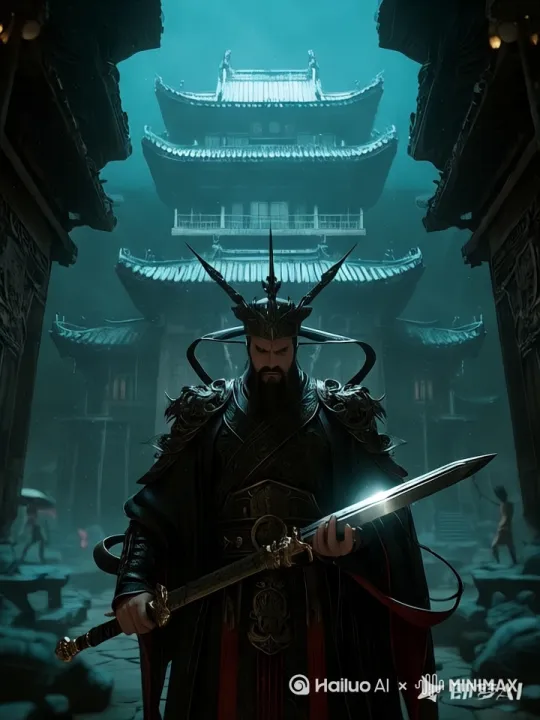 [推出,上升,下摇]战士将手中的武器放下，抬头望向镜头 by Hailuo AI Video Generator