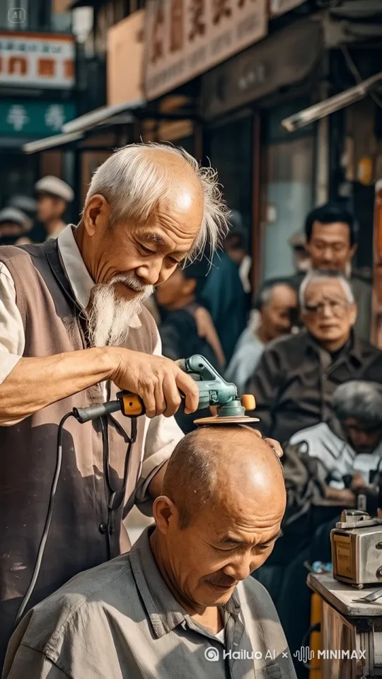 大爷打磨机剃头，新奇操作引围观
 
家人们，今天在街头发现超新奇一幕！一个头发花白、满脸皱纹的大爷，守着个简易剃头摊，面前放着个小型打磨机，这可不是普通的理发工具，却成了大爷独特的“剃头神器”。
 
不一会儿，来了个中年光头大哥，淡定地坐在椅子上，大爷打开打磨机，机器嗡嗡作响。大爷手稳得不像话，打磨机贴着大哥头皮，精准又轻柔地移动，那认真劲儿，仿佛在完成一项高难度的精细活儿。
 
周围很快围满了好奇的路人，大家你一言我一语讨论着。有人满脸疑惑，也有人竖起大拇指。这奇特的剃头方式，真是让人眼界大开！ by Hailuo AI Video Generator