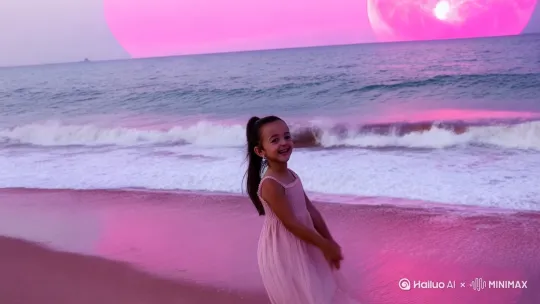海浪冲击着粉色的沙滩，小女孩在粉色的沙滩上跳性格的舞蹈，天空升起粉色的月亮 by Hailuo AI Video Generator