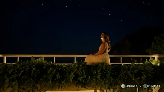 一个夜深人静的夜晚，一个女人坐在阳台上看星星 by Hailuo AI Video Generator
