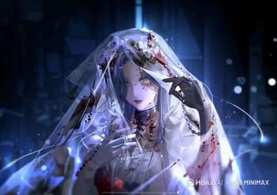 新娘娇羞可爱的撩开面纱，看着情人眼神如水含着情意和挑逗 by Hailuo AI Video Generator