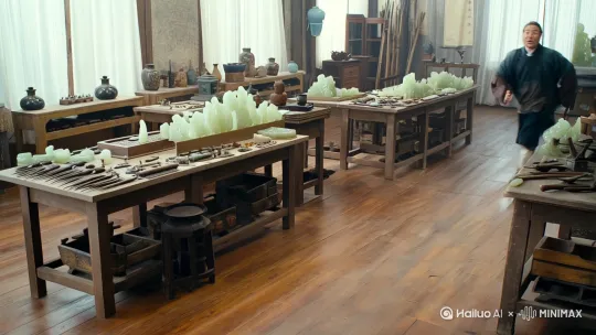 人声：林羽工作室里摆满赌石工具和切开的玉石半成品，周强匆匆推门而入，满脸兴奋，告诉林羽有一批新疆深山开采的高品质和田玉原料，只要凑够资金拿下就能大赚一笔。林羽面露犹豫，沉思后表示此事草率不得，资金庞大还怕有诈。周强却觉得林羽过于谨慎，称已和赵坤谈好合作，对方人脉广消息可靠。林羽听闻赵坤的名字，瞬间愤怒，指责周强不该与赵坤合作，直言赵坤重利轻信誉，合作必被坑。周强冷笑，眼神不屑，称有钱才是王道，不在乎信誉，还放话林羽不加入就别怪他不讲情义，赚钱了也别眼红，随后转身离开，留下林羽呆立原地。
 
画面：先呈现林羽工作室全景，展示内部陈设。接着镜头对准周强，捕捉他兴奋的表情和急切的动作。然后给林羽特写，展现他犹豫的神色和沉思的模样。再将镜头在两人之间切换，拍摄他们交谈时的神态变化。最后拍摄周强冷笑转身离开的背影，以及林羽站在原地的失落与无奈。
 
音乐/音效：工作室安静的环境音作为背景，周强急促的脚步声，两人交谈的声音，周强不屑的冷笑声，以及他离开时的关门声 by Hailuo AI Video Generator