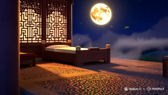 **场景1：夜晚的静谧房间**  
- **画面**：镜头缓缓推进，展现一间古色古香的房间。房间内有一张木床，床前是一扇半开的雕花窗户，窗外一轮明亮的圆月悬挂在夜空中，月光如水般洒进房间。  
- **细节**：月光透过窗户，在地板上形成斑驳的光影，房间里飘着几缕淡淡的雾气，显得格外宁静。  
- **音效**：轻柔的风声和远处隐约的虫鸣，营造出夜晚的静谧氛围。  

---

**场景2：诗人抬头望月**  
- **画面**：镜头切换到诗人（李白）的特写，他身着白色长袍，坐在床边，手中握着一卷书，神情若有所思。他缓缓抬头，目光透过窗户望向那轮明月。  
- **细节**：诗人的眼神中流露出淡淡的思乡之情，月光映照在他的脸上，显得格外柔和。  
- **动画效果**：镜头慢慢拉远，诗人的身影与月光融为一体，背景逐渐虚化，突出月亮的明亮。  

---

**场景3：月光化作故乡的回忆**  
- **画面**：月光突然变得柔和而梦幻，画面切换到诗人的故乡——一座小村庄。村口的老树、潺潺的溪流、远处的青山，都在月光下显得格外清晰。  
- **细节**：画面中有一间小屋，屋前站着诗人的家人，他们微笑着望向远方，仿佛在等待诗人的归来。  
- **动画效果**：月光像一条银色的丝带，将现实与回忆连接起来，画面在现实与梦境之间切换。  

---

**场景4：诗人低头沉思**  
- **画面**：镜头切回房间，诗人低下头，轻轻叹了一口气，手中的书卷滑落到床边。他的目光再次投向地面，仿佛在思考着什么。  
- **细节**：月光依旧洒在地板上，但此时的光影似乎变得更加柔和，仿佛在安慰诗人的心灵。  
- **音效**：轻柔的古琴声缓缓响起，伴随着诗人的叹息声，营造出一种淡淡的忧伤氛围。  

---

**场景5：月光与诗意的升华**  
- **画面**：镜头缓缓拉远，诗人的身影逐渐变小，房间的轮廓也渐渐模糊，只剩下那轮明月高悬夜空，月光洒满大地。  
- **细节**：画面中飘过几片落叶，象征着时间的流逝和诗人的思乡之情。  
- **字幕**：画面下方缓缓出现《静夜思》的诗句：“床前明月光，疑是地上霜。举头望明月，低头思故乡。”  
- **音效**：古琴声渐弱，画面逐渐变暗，最后只剩下一轮明月在黑暗中闪耀。  

---

**结束**  
- **画面**：镜头定格在明月上，画面渐渐淡出，动画结束。  [跟随] by Hailuo AI Video Generator