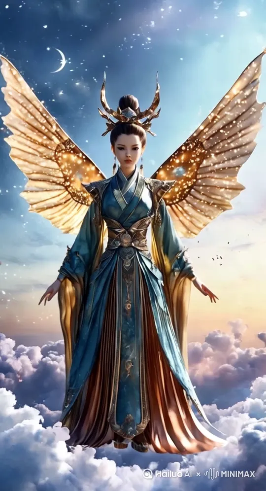 主题描述：天空守护者仙女 半透明青色云纹长裙 煽动巨大金色羽翼缓缓降落 星辰漩涡夜空背景 流动云层环绕 神圣光晕笼罩全身 守护者凝视姿态 美学描述：动态粒子光效 超写实CG建模 悬浮飘带动态 虹彩羽翼流光 皮肤半透发光质感 专业描述：8K电影级画质 仰视广角透视 Redshift渲染 多层景深融合 慢动作粒子轨迹 虹光羽翼材质 神圣光柱投射特效 by Hailuo AI Video Generator
