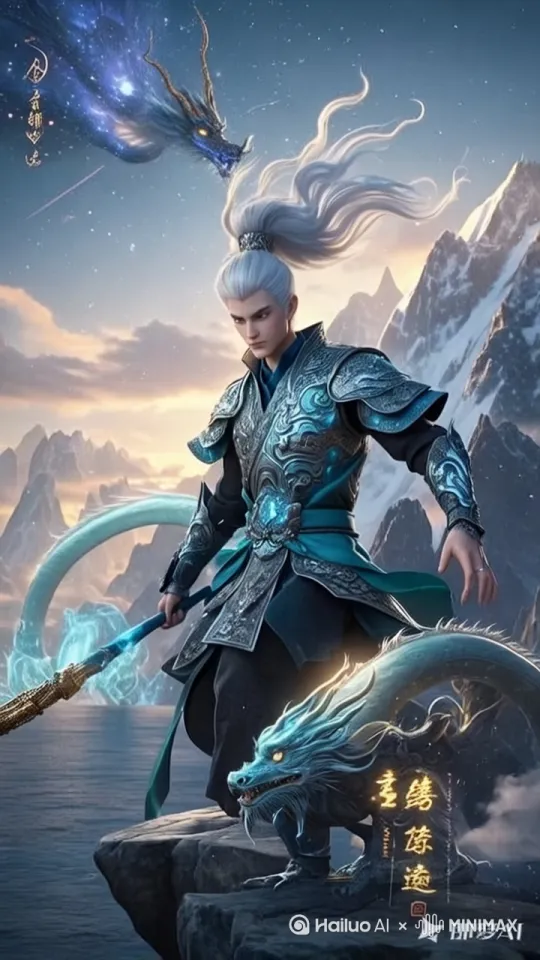 3D cinematic masterpiece, character design of Ao Bing (敖丙) in ultra-high definition 8K resolution, 
Dynamic composition: Ao Bing standing on cliff edge overlooking stormy ocean with towering snow-capped mountains in background, 
Dramatic perspective showing depth of 1000-meter vertical drop, 
Intricate details: flowing cyan dragon-scale armor with metallic reflections, glowing tribal patterns on garments, 
Facial expression: intense cold gaze with glowing blue eyes, wind-blown silver hair, 
Epic atmosphere: swirling nebula clouds with volumetric lighting, galaxy star field in twilight sky, 
Mythical elements: translucent dragon spirit coiling behind figure with particle effects, ancient runes floating in air, 
Action sequence: slow-motion moment of dragon and character leaning forward into dive position (5-second cinematic timing), 
Environmental effects: crashing waves with water spray, drifting mountain mist, lightning flashes in distance, 
Technical specs: Unreal Engine 5 rendering, ray tracing, 32k textures, cinematic color grading with cool blue/purple palette, 
Dramatic lighting: rim lighting from below, celestial glow from above, light refraction through crystal accessories, 
Hyper-detailed elements: individual strands of hair simulation, realistic cloth physics, dragon scale texture magnification by Hailuo AI Video Generator
