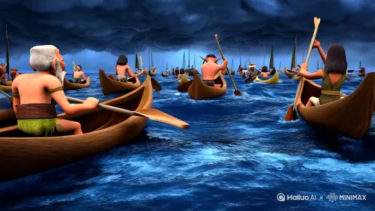 3000年前中国南海暴雨夜，一群原始的黎族先民驾乘独木舟渡海，每条独木舟上有1人到2人不等，人们手里拿着船桨滑动，舟上的人男女老少各色人物都有，他，中国少数民族面孔，他们穿着简单的兽皮衣或树皮衣，男人光着上身。独木舟没有船帆，浩瀚荡荡非常壮观，一条闪烁着金黄色光芒的光道在独木舟船队中间由近及远快速生成，一直延伸到远处隐约可见的海岸，渔民们驾驶的独木舟沿着金黄色水道指引的方向驶向远处。镜头从近处的海面开始，在船队的后方上移后下摇跟随再上摇，直到天空中一道闪电爆发。要求：一定要展示金黄色的水道从无到有、由近及远快速生成的动态过程。海上乌云密布，波涛汹涌，独木舟摇摇欲坠。3D卡通风格，8K超清。 by Hailuo AI Video Generator