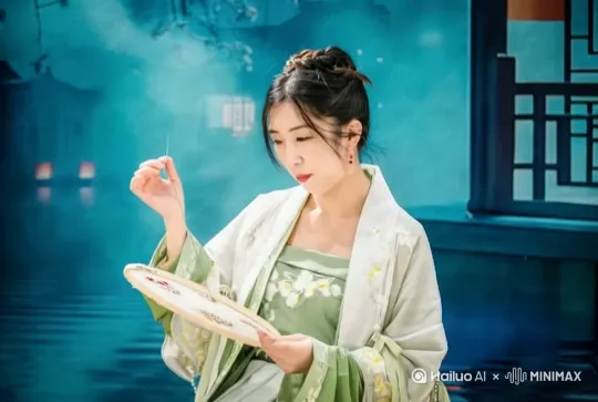 面带微笑，抬头看镜头 右手轻抚头发。[推进,右摇] by Hailuo AI Video Generator