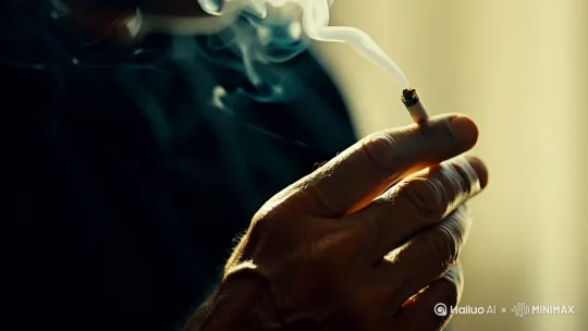 Generate a close-up video of a man's hand holding a half-smoked cigarette. The hand is masculine, with visible veins and a slight tan. The cigarette is held between the index and middle fingers, with ash forming at the tip. Smoke gently rises from the cigarette, creating a moody and atmospheric scene. The background is blurred, focusing entirely on the hand and the cigarette. The hand occasionally moves slightly, causing the smoke to waver and drift. The overall tone is dark and introspective, with soft lighting and a slight haze in the air." by Hailuo AI Video Generator
