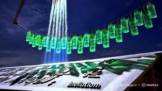 屋顶晾衣绳矩阵挂满半透明祖母绿玉佩（HEX#00B4D8），每块刻"焦虑"篆体字（字体：李旭科书法体）  
- 玉佩在月光下投射焦虑词云阴影（"内卷"/"社恐"/"失眠"等词汇）  
- 左上角巨型花洒喷出蓝白渐变水流（HEX#48CAE4→#CAF0F8）  
**镜头**：无人机俯冲45°角展现全景→微距水流冲击特写  
**物理模拟**：  
- 流体粘度值设定为蜂蜜级别（5000cP），制造缓慢剥离效果  
- 玉佩表面启用次表面散射（SSS强度0.6）  
**音效设计**：  
- 水流ASMR白噪音（频率集中200-800Hz）  
- 玉佩碰撞风铃基频音（A4=440Hz） by Hailuo AI Video Generator