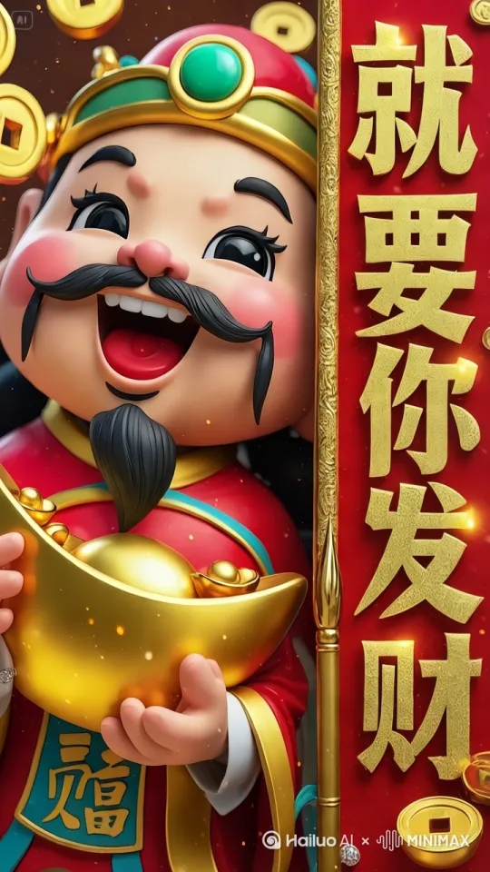 请参考图片生成一张会开口送财运和祝福的视频，动作自然流程，喜庆热闹，高清 by Hailuo AI Video Generator
