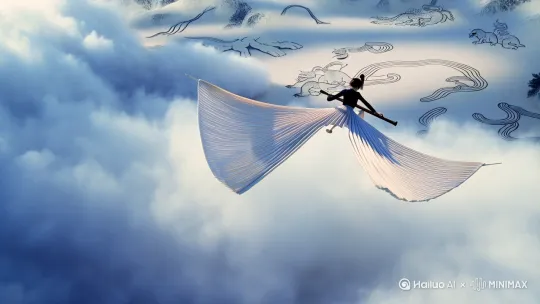 俯拍长镜头|主角坠落云层,广袖化作羽翼掠过《山海经》水墨绘卷,神兽轮廓由甲骨文重组显现|无台词|古琴即兴演奏配合沙画摩擦声|全CG水墨动画|
|5|0:40-0:50|微观特写|泪水滴落山海镜,每圈涟漪浮现记忆碎片:童年《山海经》绘本、父亲撕毁画稿的手|"那些被现实封印的想象..."(老年男主画外音)|老式胶片放映机声响|实拍液体+动态插画| by Hailuo AI Video Generator