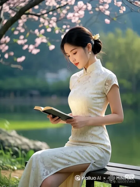 [左移,右摇,跟随]美女在樱花树下阅读 by Hailuo AI Video Generator