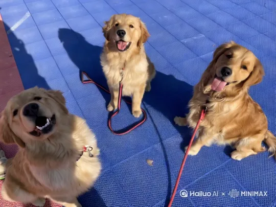 狗子们笑着突然坐起来，问你们吃了吗？我还在饿着还没吃，狗狗集体站立谢谢手势 by Hailuo AI Video Generator