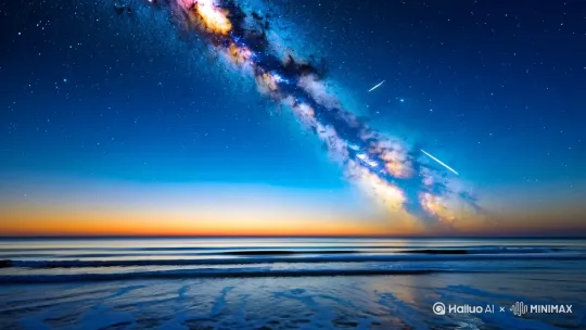 Create a 2-minute video of a beach at night with a clear starry sky. The scene should include a calm ocean reflecting the stars, and the Milky Way should be visible. Random shooting stars should appear every 30 seconds, with each star lasting for 1-2 seconds. The stars should slowly rotate to simulate the Earth's rotation, and the camera should pan slowly from left to right. The sky should be a deep blue with white, yellow, and blue stars. The ocean should reflect the colors of the sky and the shooting stars. The sound should include gentle waves and a slight "whoosh" as the shooting stars pass by. The video should start with a view of the beach and slowly move up to reveal the starry sky. by Hailuo AI Video Generator