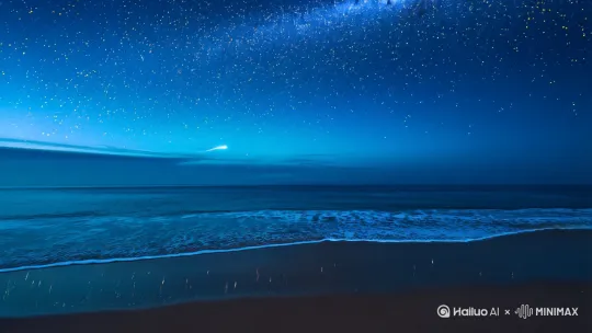 Create a 2-minute video of a beach at night with a clear starry sky. The scene should include a calm ocean reflecting the stars, and the Milky Way should be visible. Random shooting stars should appear every 30 seconds, with each star lasting for 1-2 seconds. The stars should slowly rotate to simulate the Earth's rotation, and the camera should pan slowly from left to right. The sky should be a deep blue with white, yellow, and blue stars. The ocean should reflect the colors of the sky and the shooting stars. The sound should include gentle waves and a slight "whoosh" as the shooting stars pass by. The video should start with a view of the beach and slowly move up to reveal the starry sky. by Hailuo AI Video Generator