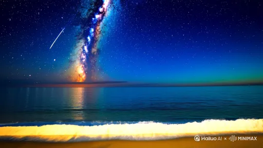 Create a 3-minute vertical video of a tranquil beach at night with a clear starry sky. The scene should include a calm ocean reflecting the stars, and the Milky Way should be visible. Shooting stars should appear every 45 seconds, with each star lasting for 1-2 seconds. The stars should slowly rotate to simulate the Earth's rotation, with a rotation speed of about 5 degrees per minute. The sky should be a deep blue with white, yellow, and pale blue stars. The ocean should reflect the colors of the sky and the shooting stars. The sound should include gentle waves and occasional bird calls, with a slight "whoosh" as the shooting stars pass by. The video should start with a view of the beach and slowly move up to reveal the starry sky, with the camera panning up and down slightly to simulate the viewer's movement. by Hailuo AI Video Generator