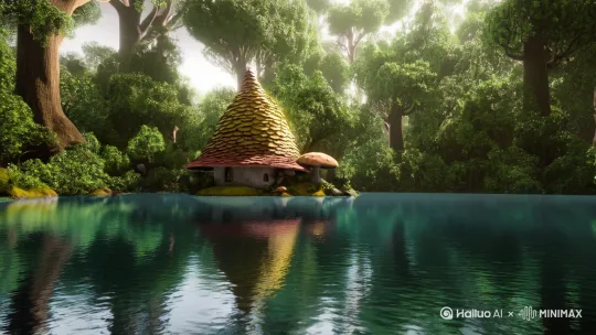 在一片茂密的森林里，有一汪幽深的湖水，旁边是一座蘑菇屋 by Hailuo AI Video Generator