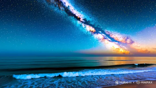 Create a 3-minute vertical video of a tranquil beach at night with a clear starry sky. The scene should include a calm ocean reflecting the stars, and the Milky Way should be visible. Shooting stars should appear every 45 seconds, with each star lasting for 1-2 seconds. The stars should slowly rotate to simulate the Earth's rotation, with a rotation speed of about 5 degrees per minute. The sky should be a deep blue with white, yellow, and pale blue stars. The ocean should reflect the colors of the sky and the shooting stars. The sound should include gentle waves and occasional bird calls, with a slight "whoosh" as the shooting stars pass by. The video should start with a view of the beach and slowly move up to reveal the starry sky, with the camera panning up and down slightly to simulate the viewer's movement. by Hailuo AI Video Generator