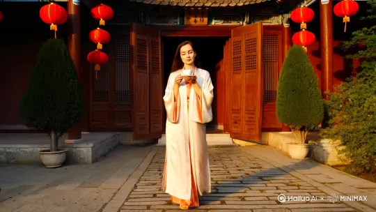 一个女人端一杯咖啡在北京四合院门口 by Hailuo AI Video Generator
