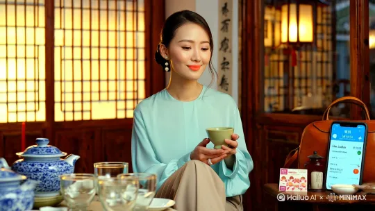 柔光笼罩的中国北方县城傍晚,中式小酒馆木质窗棂边,玻璃杯折射着暖黄灯光,桌上有青花瓷茶具和家常小菜,背景可见水墨画屏风与灯笼。30岁知性江南女子,鹅蛋脸,杏仁眼,低扎温婉发髻,一缕碎发垂落颈侧,身穿浅青色真丝衬衫配米色阔腿裤,珍珠耳钉闪烁光泽,左手戴简约婚戒,右手轻抚青瓷茶杯。 职场干练与母性温柔交融的气质,眼角有淡淡笑纹,妆容是珊瑚色唇釉与雾面底妆,桌边放着皮革通勤包和儿童识字卡片,手机屏幕显示同事微信群消息。新中式淡雅美学,参考吕燕《呼吸》系列摄影的叙事感,色彩控制在青灰/暖白/檀木棕的柔和过渡,弱化景深突出人物故事性。 by Hailuo AI Video Generator