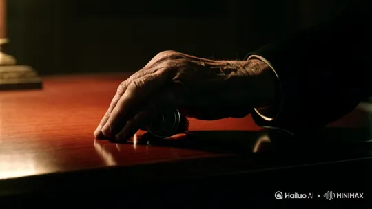 一只苍老的手缓缓抚过桌面上的家族徽章戒指,戒指上刻着一只鹰,象征着权力与忠诚。光线从侧面打来,手的阴影投射在桌面上,显得沉重而威严。
注意:要求特写镜头,昏暗光线,家族徽章戒指,阴影投射,威严氛围,黑帮教父风格。 by Hailuo AI Video Generator