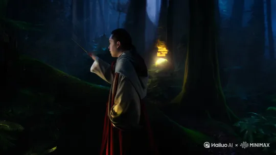 在昏暗的禁林里，穿着哈利破特同款衣服的人从口袋里拿魔杖施法，镜头左移与推进，画面构图明暗和色彩跟电影“哈利破特”类似，主义细节，超清，超真实 by Hailuo AI Video Generator