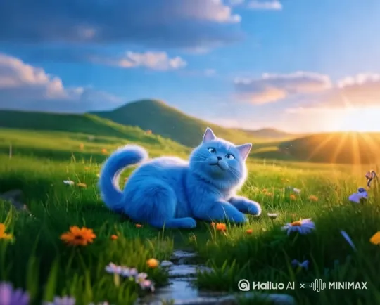 蓝色的猫站起来向前行走（尾巴时不时摇晃），猫双眼时不时眨着。[变焦推进]画面主体动态呈现，动作自然流畅，融合，过程丝滑而匀速，符合逻辑，极致细节，超真实动态捕捉，不模糊，高质量，没有瑕疵。 by Hailuo AI Video Generator