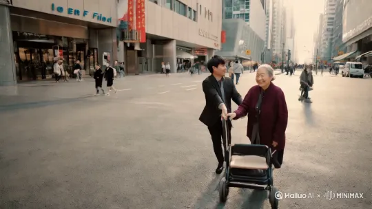 雷锋帮助老奶奶过马路，镜头从远拉近，两个人脸上洋溢着笑容 by Hailuo AI Video Generator