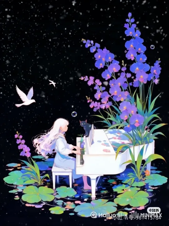天空下着大雪，小女孩在弹钢琴，周围的鸽子在围绕着她飞翔，植物被风吹 by Hailuo AI Video Generator