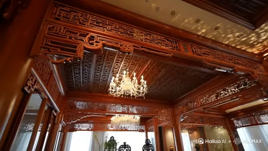 全景展现光影流转的集成吊顶的中国风客厅 by Hailuo AI Video Generator