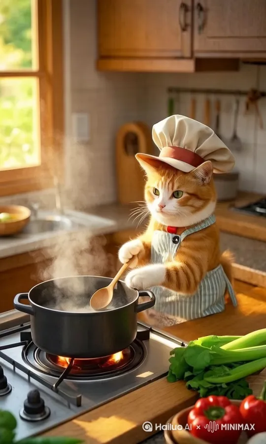 小美短猫陪着小哈士奇在做饭 by Hailuo AI Video Generator