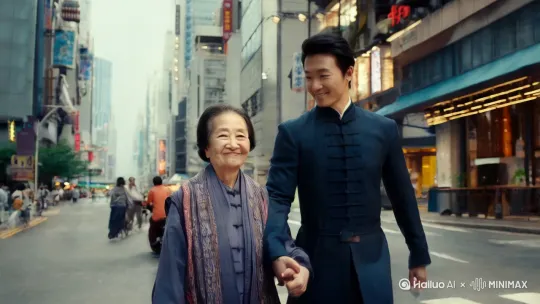 雷锋帮老奶奶过马路，镜头从远拉近，两个人脸上洋溢着笑容 by Hailuo AI Video Generator
