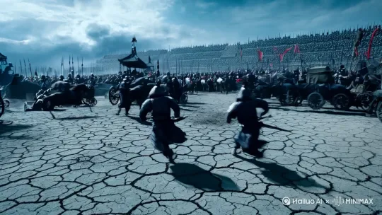 在古代战场中干裂的地面开始震动，地面上有战车战士骑兵等等作战的场景，镜头开始晃动然后从地底钻出一只的穷奇身形巨大身上带着火焰特效，钻出过程镜头上摇，展示穷奇扭动大吼愤怒的情绪[晃动,上摇] by Hailuo AI Video Generator