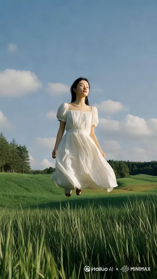 绿油油茂密草地随风轻摆，浅黄肤色亚洲女子闭眼悬浮离地匀速移动，白色雪纺长裙下摆与黑发呈流线型后飘，阳光斜照在悬浮轨迹上拉出细长柔光，8K超清画质锐利呈现草茎露珠与裙摆透明质感，超广角镜头延伸地平线至远处风车群，浅景深虚化两侧草浪强化主体悬浮前进的失重感 by Hailuo AI Video Generator